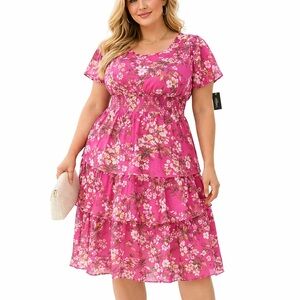 Taylor 20W Pink Floral Tiered Midi Dress Smocked Waist NWT Plus Size